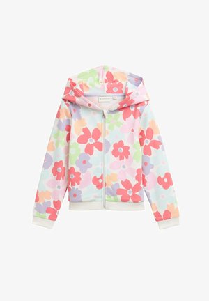 Blüten-zipper Hoodie in Pastellfarben, mit einer Mischung aus pinken, lila und orangefarbenen Blumen auf einem hellblauen Hintergrund. Baumwollmischgewebe.