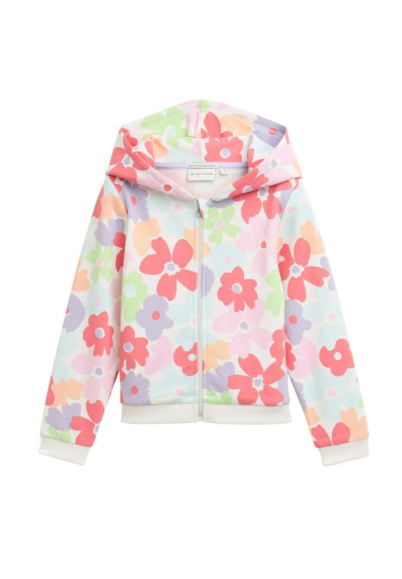 Felpa con zip a fiori in colori pastello, con una combinazione di fiori rosa, viola e arancioni su uno sfondo azzurro chiaro. Tessuto misto cotone.