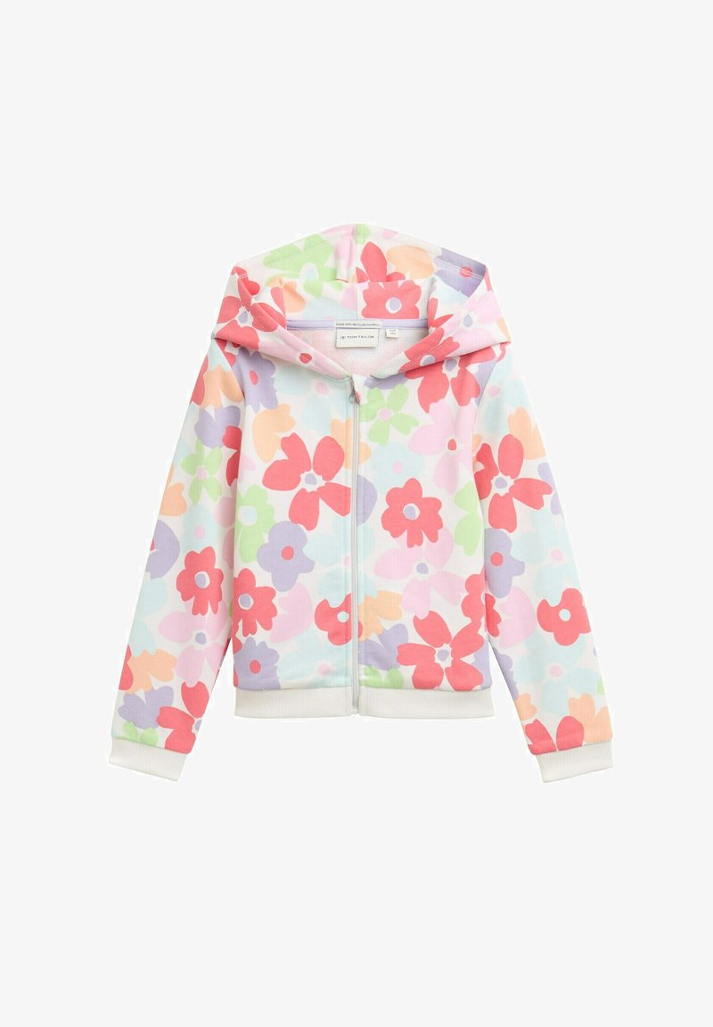 Blüten-zipper Hoodie in Pastellfarben, mit einer Mischung aus pinken, lila und orangefarbenen Blumen auf einem hellblauen Hintergrund. Baumwollmischgewebe.