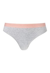 Grauer Baumwoll-Thong mit einem hellroten elastischen Bund, der geprägt mit dem Schriftzug "BUFFALO" versehen ist. Weiche Textur und glatte Oberfläche.
