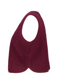Veste sans manches en polaire bordeaux avec un large col rond et une surface douce et texturée. Design sans coutures avec des bords incurvés en bas.