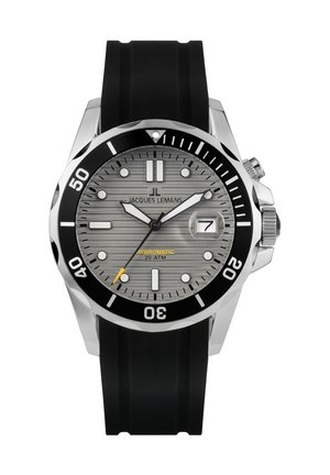 Stainless steel watch with a black bezel and rubber strap, featuring a gray textured dial, white hour markers, and date display.
