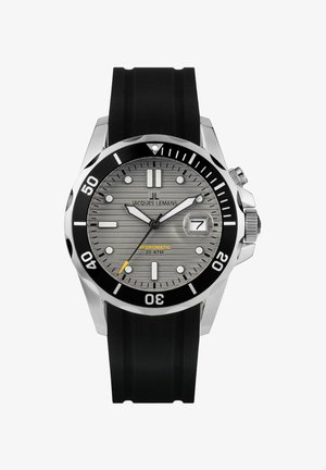 Edelstahl-Uhr mit schwarzem Lünette und Gummiband, ausgestattet mit einem grauen strukturierten Zifferblatt, weißen Stundenmarkierungen und Datumsanzeige.