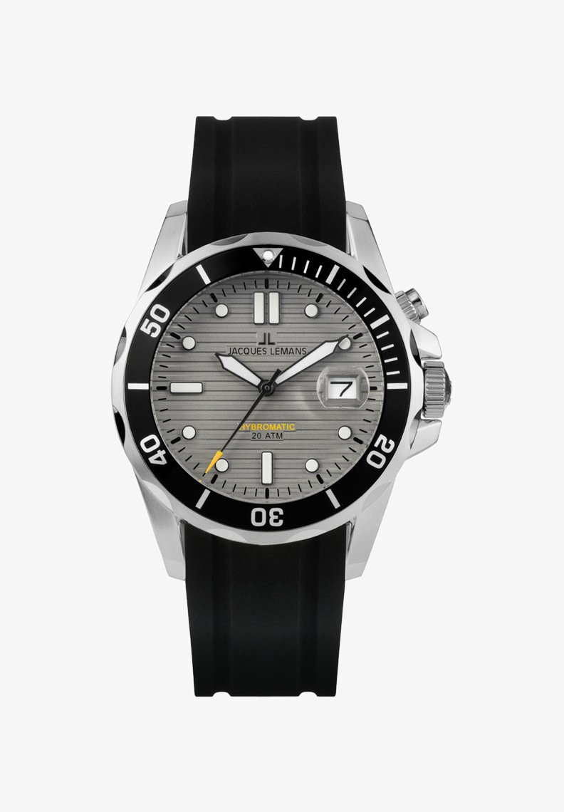 Montre en acier inoxydable avec une lunette noire et un bracelet en caoutchouc, dotée d'un cadran texturé gris, d'index des heures blancs et d'un affichage de la date.