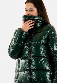 Chaqueta acolchada verde y brillante con un alto cuello, cierre de cremallera y secciones acolchadas prominentes. Presenta un acabado suave y brillante.