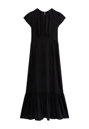 Black dress with short sleeves, gathered waist, and a flared hem. Made of soft fabric, featuring a back zipper closure.