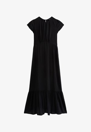 Black dress with short sleeves, gathered waist, and a flared hem. Made of soft fabric, featuring a back zipper closure.