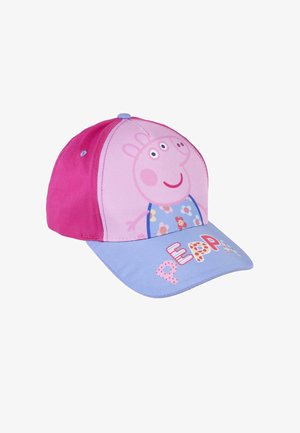 Casquette de baseball ajustable avec des panneaux roses et bleu clair, graphique de Peppa Pig à l'avant et texte "Peppa" en lettres colorées.
