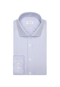 Camicia a scacchi blu chiaro con colletto aperto, maniche lunghe, polsini abbottonati e bottoni bianchi. Marchio visibile all'interno del colletto.