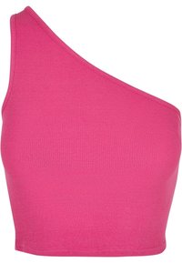 Přiléhavý, žebrovaný crop top v živé růžové barvě s jedním ramínkem. Hladká textura a čistý lem bez zdobení.