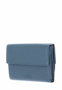 Portefeuille en cuir bleu avec rabat pliant et protection RFID. Présente une couture précise et une finition texturée, forme rectangulaire compacte.