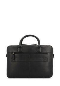 Black leather briefcase with two top handles, a zippered closure, and a rear slip pocket. Features a smooth texture and minimalist design.