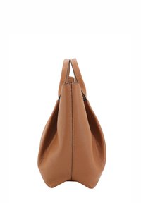 Braune Lederhandtasche mit einer klaren Silhouette, glatter Textur, einer mittigen Naht und doppelten oberen Griffen. Verfügt über eine großzügige dreieckige Basis.