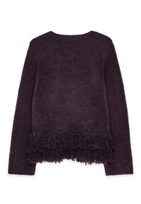 Lilla tekstuuriga sviiter pikkade varrukatega, sirge äärega ja allservas frangeerimisdetailiga. Pehme kangas, millel on hubane välimus.