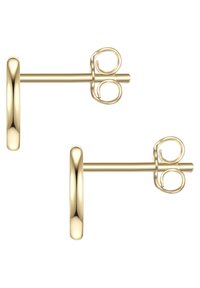 Aukso auskarai su sklandžiu, apvaliu dizainu ir tvirtinimu su užtrauktuku. Paviršius yra poliruotas, atspindintis šviesą, suteikiantis subtilų blizgesį.