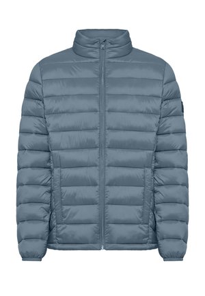 Light blue puffer jacket with quilted design, high collar, and front zipper. Features elastic cuffs and side pockets for functionality.