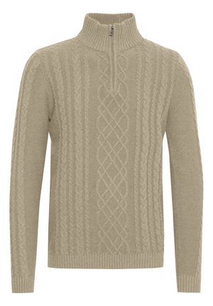 Beige kötött pulóver félzipzárral, mely nagykabát mintázatú és bordázott mandzsettákkal, valamint aljjal készült textúrált anyagból.