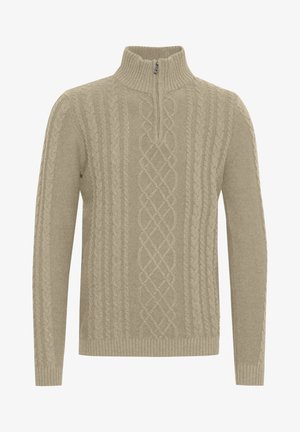 Beige kötött pulóver félzipzárral, mely nagykabát mintázatú és bordázott mandzsettákkal, valamint aljjal készült textúrált anyagból.