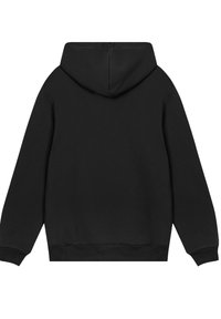 Black hooded sweatshirt with a soft texture, featuring a spacious hood and ribbed cuffs and hem, designed for comfort and warmth.