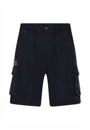 Sorte cargo-kneeshorts med frontknap, snøre i taljen og sidelommer med klap samt små patches.