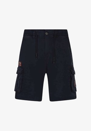 Short cargo noir longueur genou avec bouton devant, taille à cordon et poches latérales à rabat avec petits patchs.