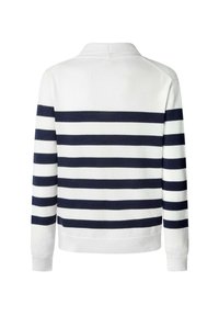 Maglione bianco con strisce orizzontali navy, caratterizzato da un colletto in stile polo e polsini a coste. Tessuto a maglia morbido, design classico.