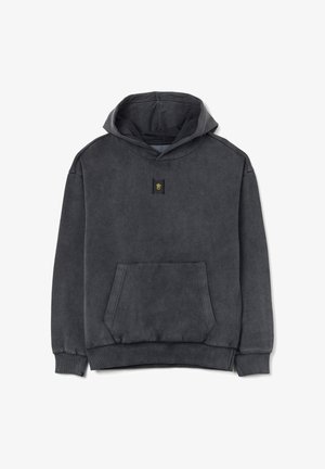 Hoodie gris en mélange de coton, avec une poche kangourou, une texture douce, des poignets côtelés, et une petite étiquette noire avec un graphique de main jaune.
