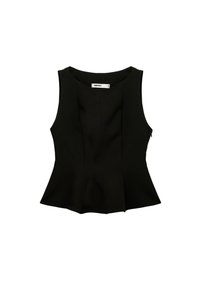 Zwarte peplum tanktop met een ronde halslijn, mouwloos ontwerp en een discreet zijrits. Soepele stof met gestructureerde naden.