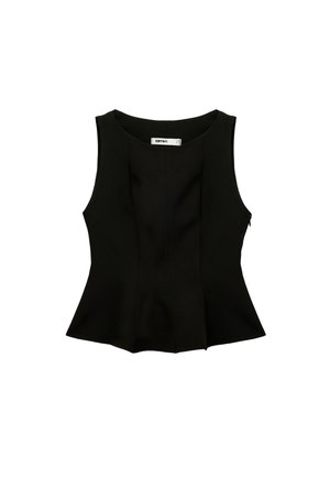 Sort peplum tanktop med rund halsudskæring, uden ærmer og diskret sidelukning. Glat stof med strukturerede sømme.
