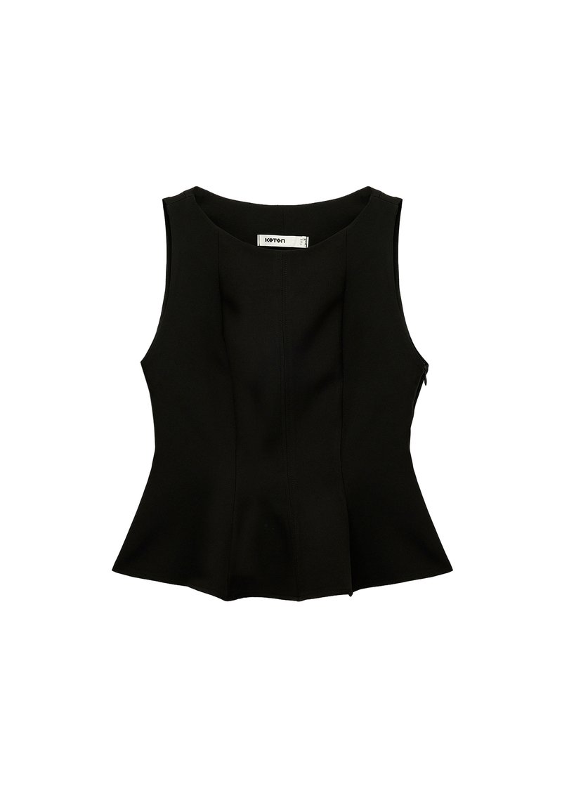 Zwarte peplum tanktop met een ronde halslijn, mouwloos ontwerp en een discreet zijrits. Soepele stof met gestructureerde naden.