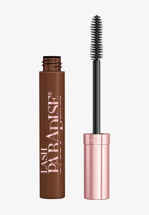 Tube de mascara Lash Paradise marron avec bouchon rose et baguette noire à poils denses sur fond blanc.