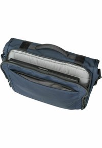 Borsa per laptop blu navy realizzata in tessuto texturizzato, dotata di maniglia superiore, tasca frontale con zip e scomparto interno imbottito per una maggiore protezione.