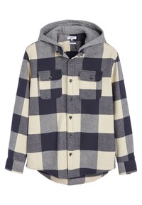 Geverfde button-up overhemd met een grijze hoodie, featuring grote marineblauwe en crèmewitte ruitpatronen, twee voorzakken en een gebogen zoom.