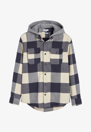 Camisa de cuadros con botones en tonos gris y una sudadera con capucha, con grandes patrones en azul marino y crema, dos bolsillos delanteros y un dobladillo curvado.