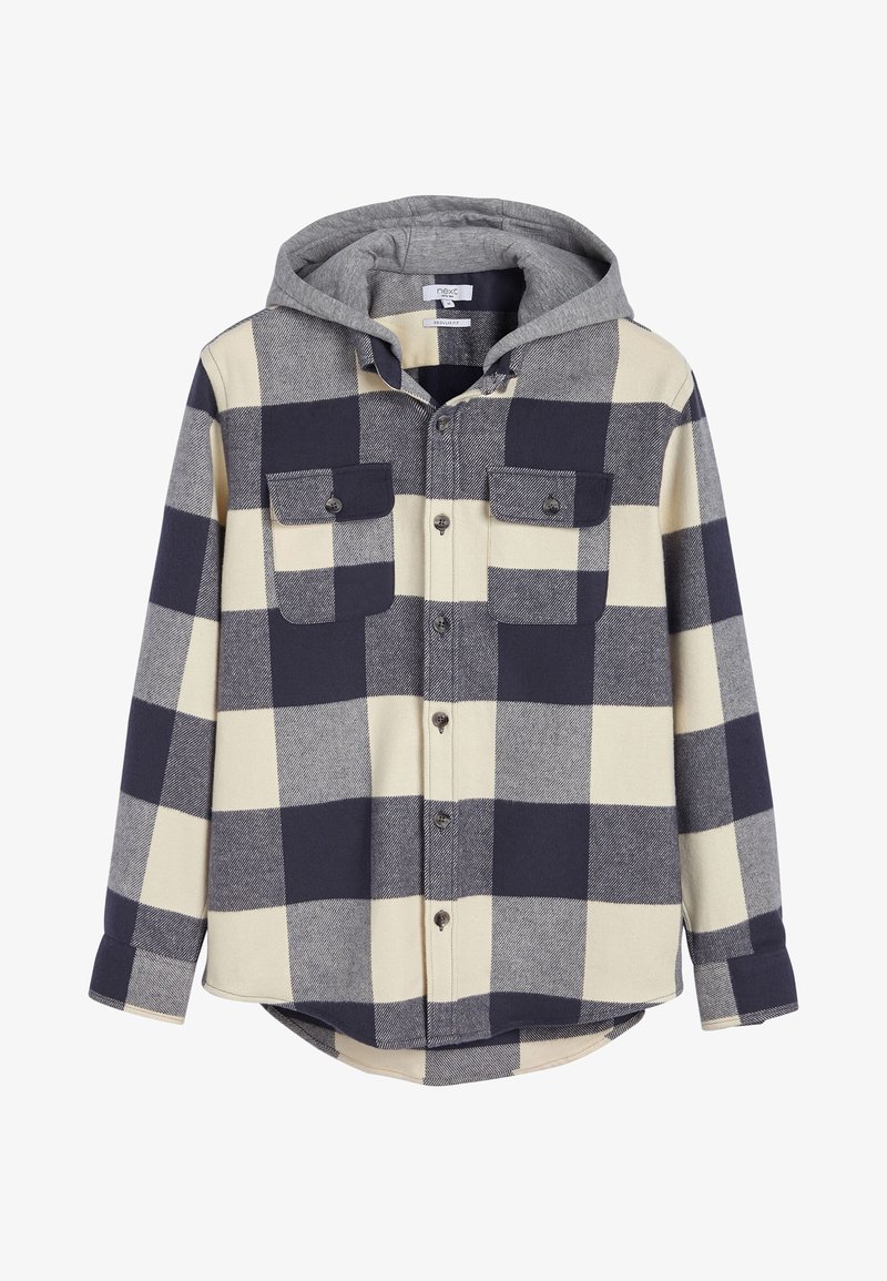 Geverfde button-up overhemd met een grijze hoodie, featuring grote marineblauwe en crèmewitte ruitpatronen, twee voorzakken en een gebogen zoom.