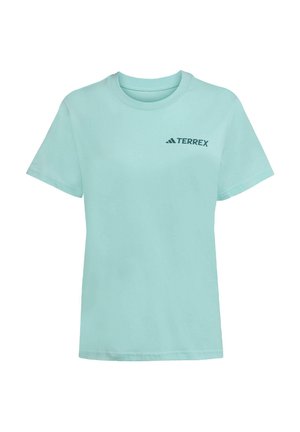Camiseta de algodón en teal claro con mangas cortas y escote redondo. Presenta un logo negro de "TERREX" en la parte izquierda del pecho.