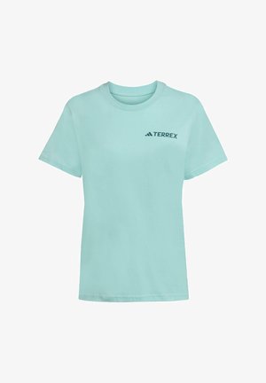 Helles Tauchblaues Baumwoll-T-Shirt mit kurzen Ärmeln und Rundhalsausschnitt. Mit einem schwarzen "TERREX"-Logo auf der linken Brustseite.