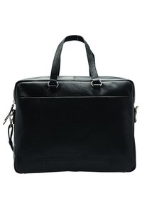 Sort læder messenger-taske med to håndtag, lynlåslukning og sølvfarvet hardware. Har tekstureret overflade og en baglomme.