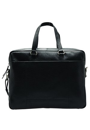 Czarna skórzana torba listonoszka z dwoma uchwytami, zamknięciem na zamek błyskawiczny i srebrnymi elementami metalowymi. Charakteryzuje się teksturowaną powierzchnią oraz tylną kieszenią.