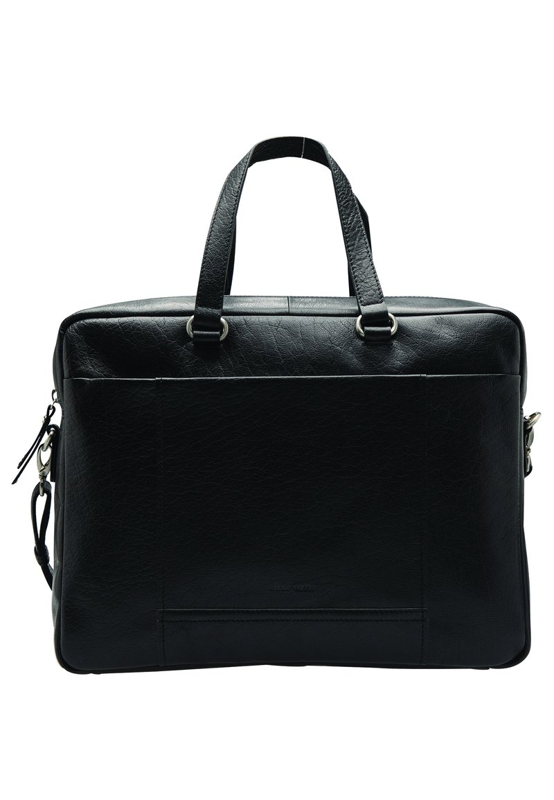 Sort læder messenger-taske med to håndtag, lynlåslukning og sølvfarvet hardware. Har tekstureret overflade og en baglomme.