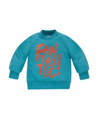 Turquoise sweatshirt met oranje "FANTASTISCH!" print. Heeft een ronde hals, raglan mouwen, geribbelde boorden en een zachte textuur. Drukknoopdetails.