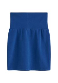 Blå jerseykilt med en bred taljeelastik og en samlet nederste sektion, med en glat tekstur og en ensfarvet overflade.