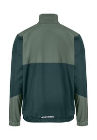 Veste bicolore verte à manches longues avec col montant, poignets et ourlet élastiques, vue de dos, avec une petite bande réfléchissante près de l'ourlet.