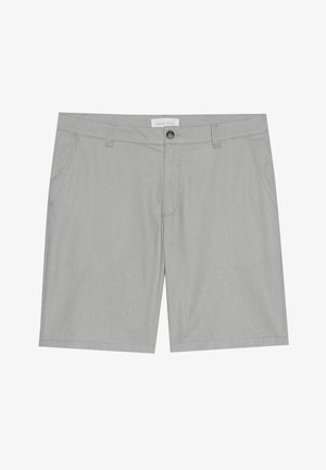 Hallid hallid lühikesed püksid sujuva tekstuuriga, millel on nööbiga sulgemine, küljetaskud ja lihtne disain ilma mustrite või aktsentideta.