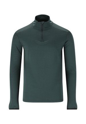 Dunkelgrüner Pullover mit hoch geschnittenem Kragen und einem Viertellang-Reißverschluss. Besitzt ein strukturiertes Muster und lange Ärmel mit eng anliegenden Bündchen.