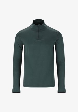 Mørkegrøn pullover med høj krave og kvart-længde lynlås. Har et struktureret mønster og lange ærmer med tætsiddende manchetter.