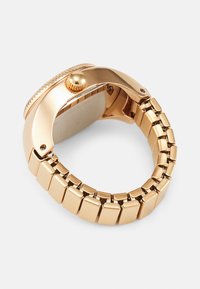 Goldfarbene Uhr mit einem glatten Metallgehäuse und einem gebürsteten, flexiblen Gliederarmband. Verfügt über eine strukturierte Krone und polierte Akzente.