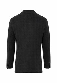 Schwarzer Blazer mit Muster und Karo-Design, Revers mit Kerbe und langen Ärmeln. Ausgestattet mit geknöpften Manschetten und einer glatten Textur.