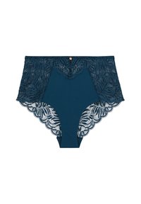 Sous-vêtements taille haute en teal avec une bordure en dentelle complexe. Le matériau lisse et les bords festonnés mettent en valeur le motif floral en dentelle.
