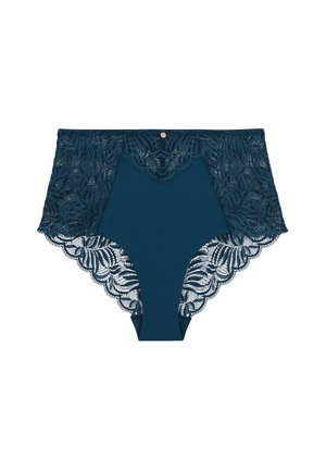 Sous-vêtements taille haute en teal avec une bordure en dentelle complexe. Le matériau lisse et les bords festonnés mettent en valeur le motif floral en dentelle.